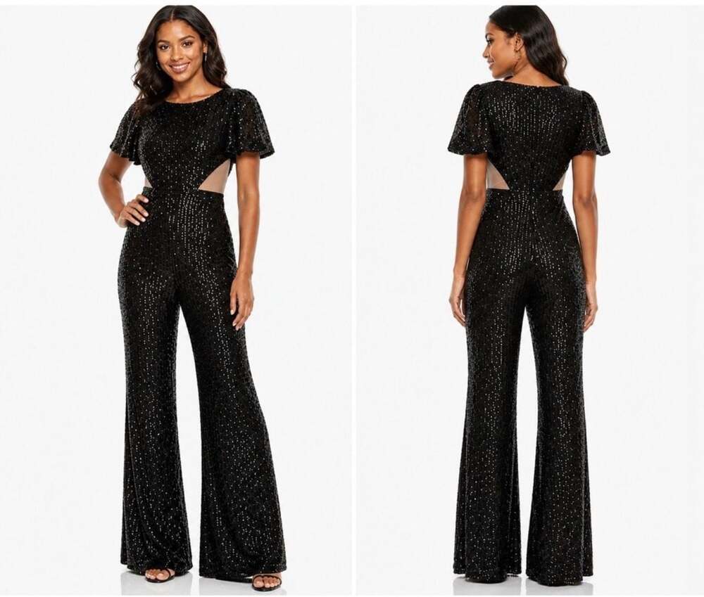 Ieena for Mac Duggal Black Sequin Cutout Jumpsuit Size 6